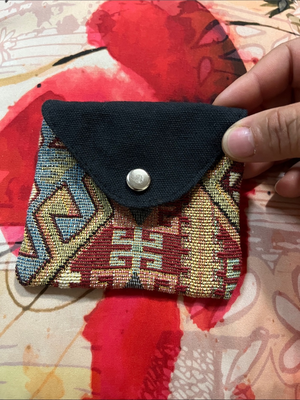 Handwoven Geometric Mini Pouch - Black Flap, Multicolor Body